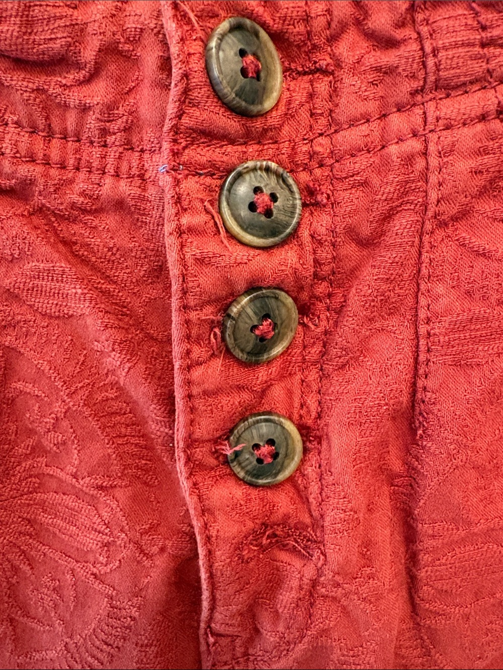 Anthropologie Button-Fly Pants in Patterned Deep Red